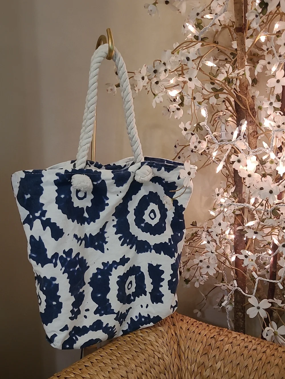 Navy and White Rope-Handle Tote Bag
